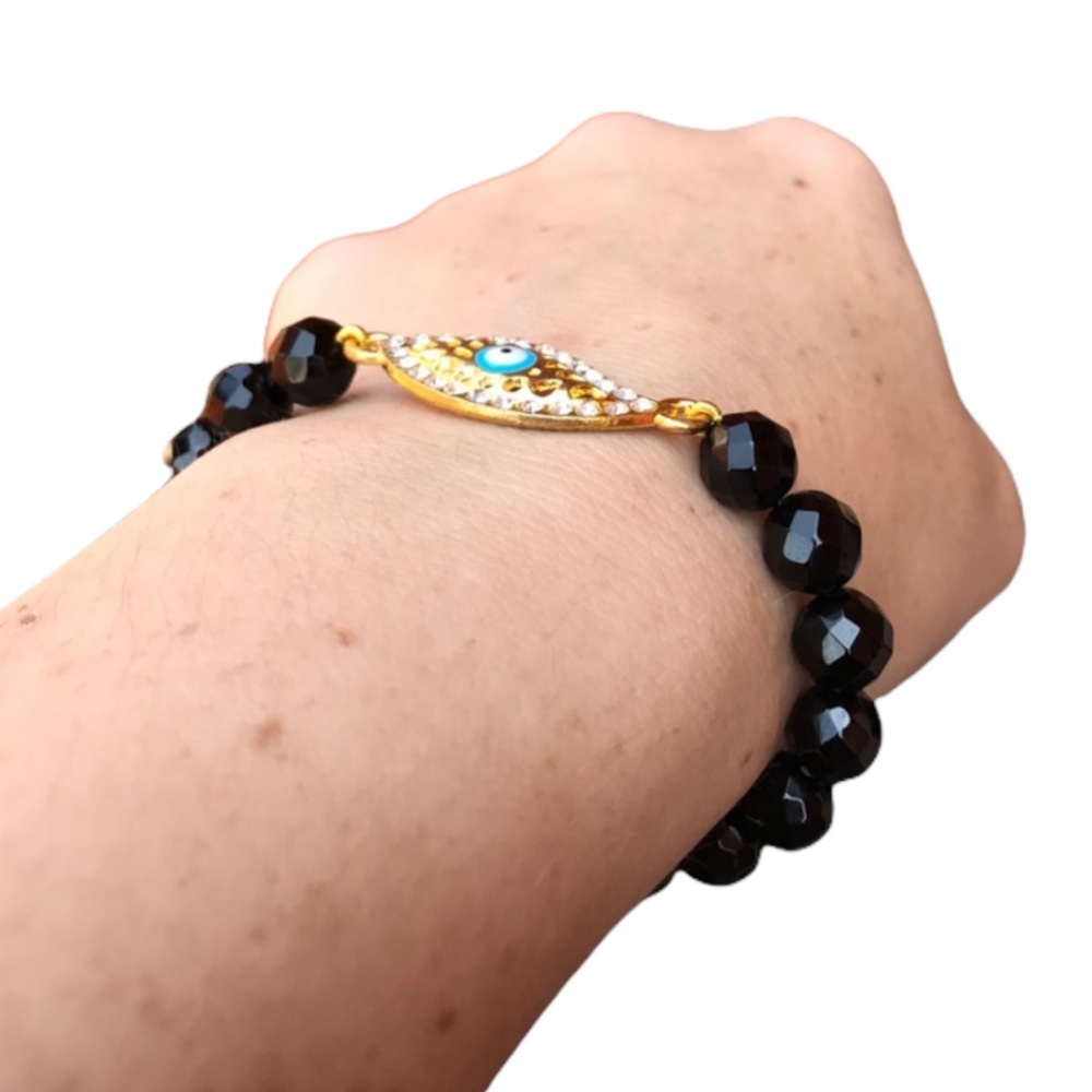 Evil Eye black agate beaded stretch bracelet - Picture 5 of 14